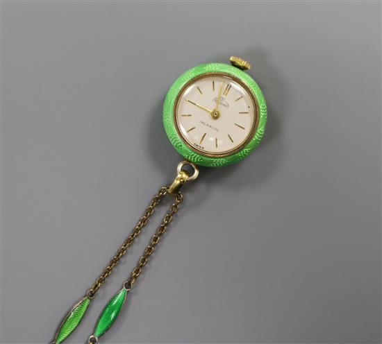 A Swiss silver gilt and enamel Nadine fob watch on gilt metal and enamel chain.